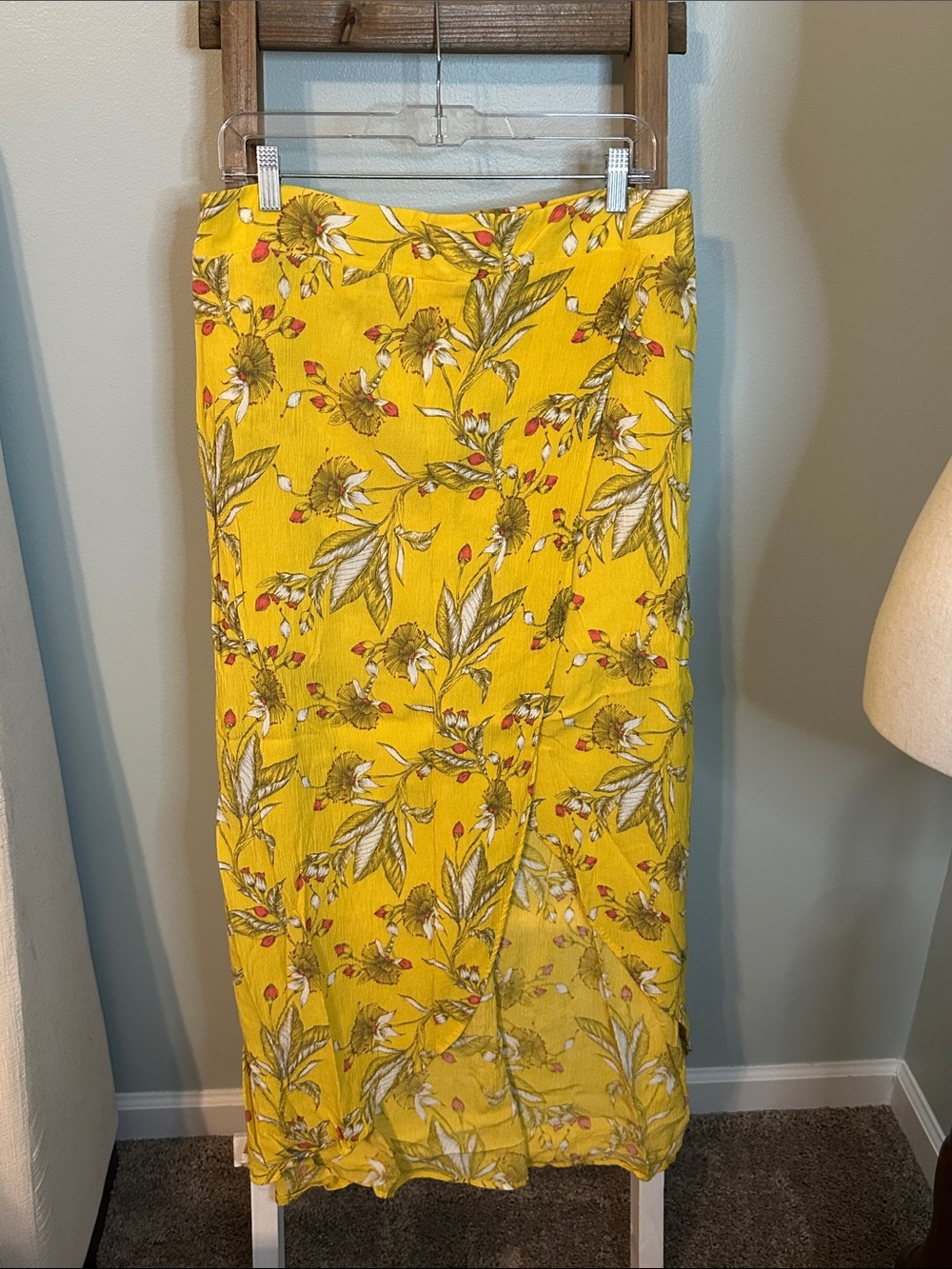 Express Yellow Floral Wrap Skirt with Red and White Accents Size Large in GUC